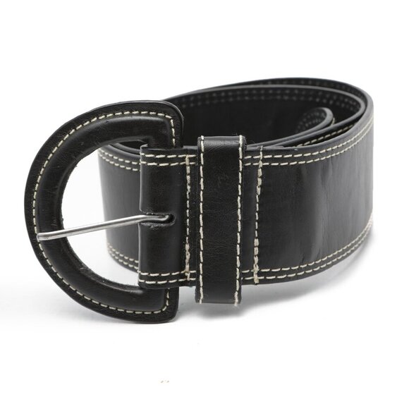 Belt Shak Vegan Leather Wide Belt Black Contrast Stitching Half Moon Buckle - Picture 2 of 11